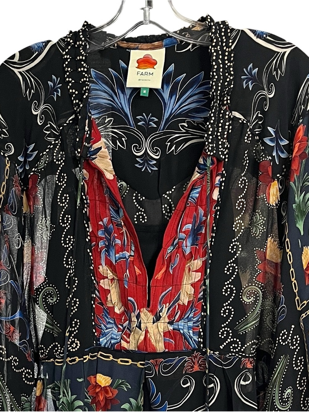 FARM Rio Mixed Arabesque Scarves Mini Dress M Floral Lace Up Long Sleeve - Picture 4 of 12